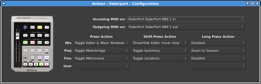 The Faderport configuration dialog