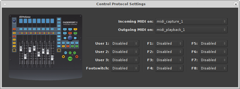 FaderPort8 Control Surface Settings Dialog