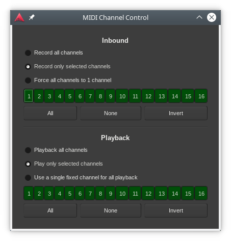 The MIDI channel control window